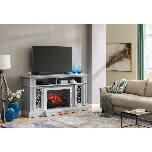 Parkbridge 68 in. Freestanding Electric Fireplace TV Stand in Light Gray with KD Insert