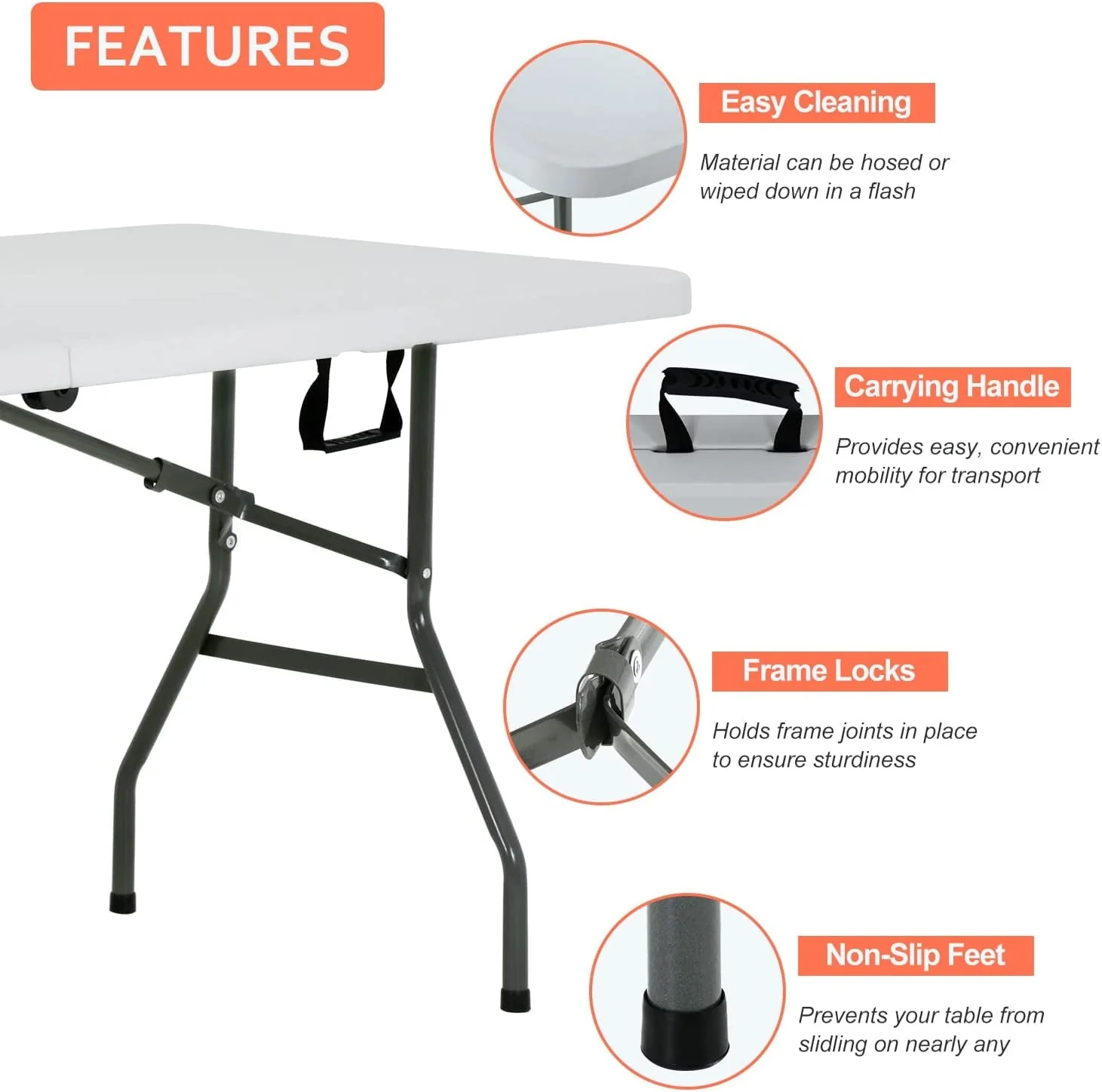 NiamVelo 6 ft Folding Table with Handle, Heavy Duty  Plastic Table Picnic Table Camping Table  Utility Party Dining Table for Indoor Outdoor, White