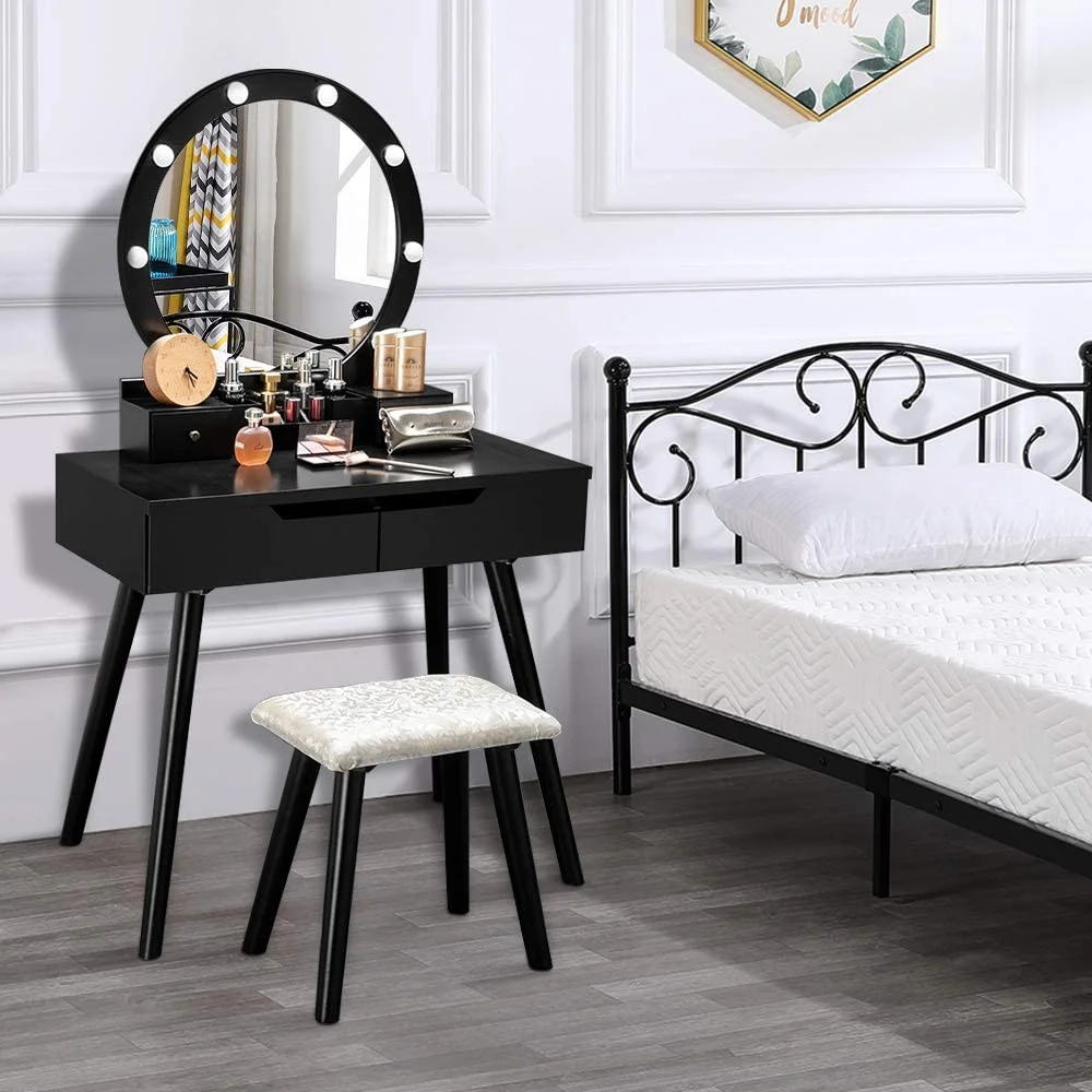 Ktaxon Vanity Set with Round Lighted Mirror, Makeup Dressing Table with 8 Light Bulbs & Cushioned Stool Set,Bedroom Vanities Set Black