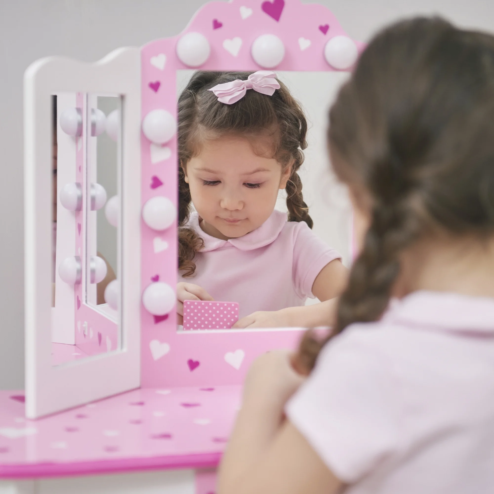 Fantasy Fields Kids Princess Vanity Set with LED Lights Mirror and Storage, Pink/White