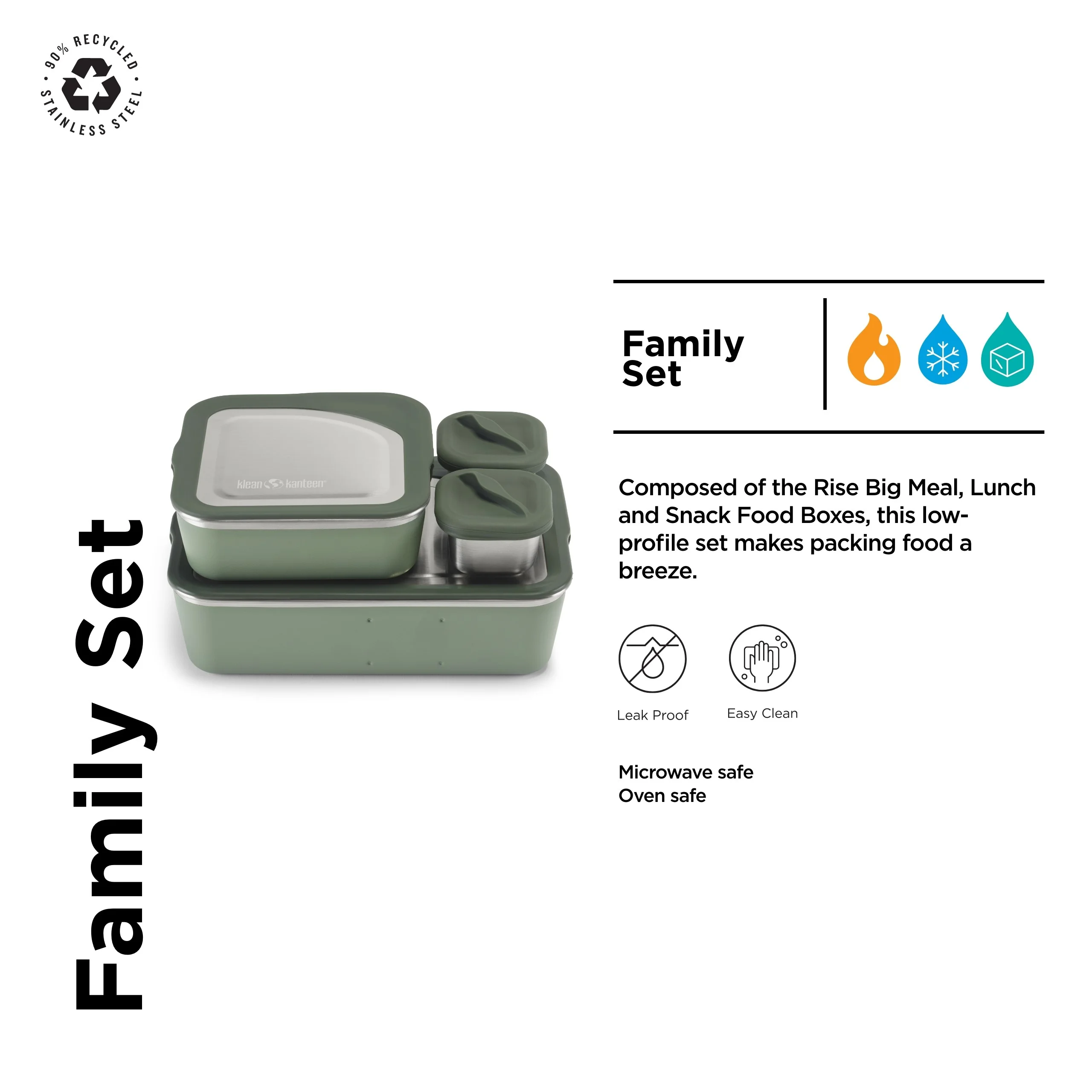 Klean Kanteen Rise Food Box Family Set - Versatile Food Containers for Lunch & Meal Prep - Dishwasher, Microwave & Oven Safe - Sea Spray (3 Containers)