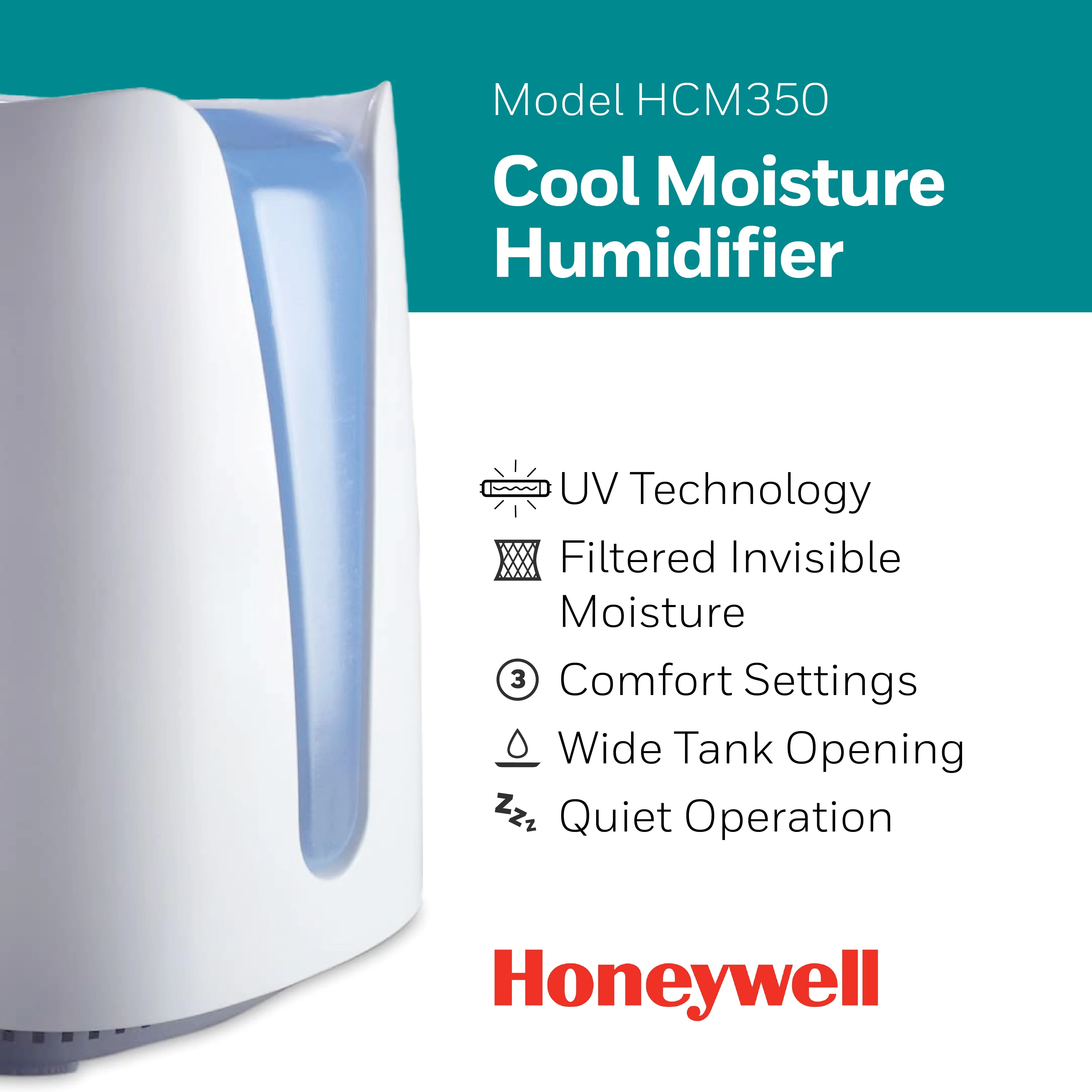 Honeywell Cool Moisture Humidifier for Medium Rooms, 400 sq ft, White, HCM350