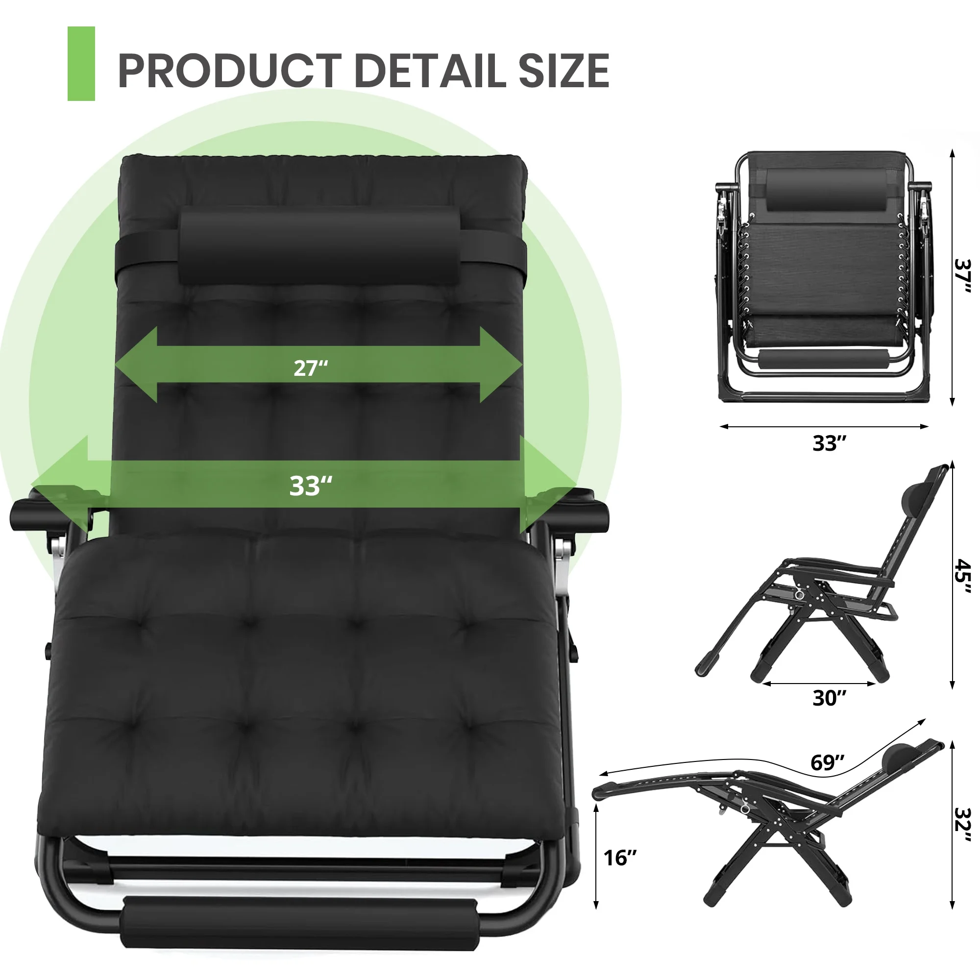 GVDV Oversized Zero Gravity Chair, 33In XXL Lounge Chair with Removable Thick Cushion, Lawn Patio Reclining Chair Upgraded Alloy Lock and Cup Holder, for Indoor Outdoor, Black