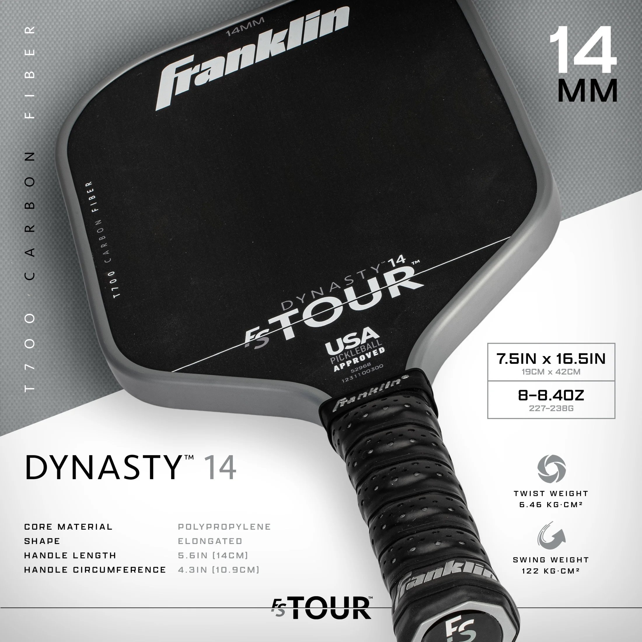 Franklin Sports Pro Pickleball Paddles - FS Tour Series Carbon Fiber Pickleball Paddles - Official USA Pickleball (USAPA) Approved Paddles - Dynasty Pro Player Paddle - 14mm Polymer Core - Gray