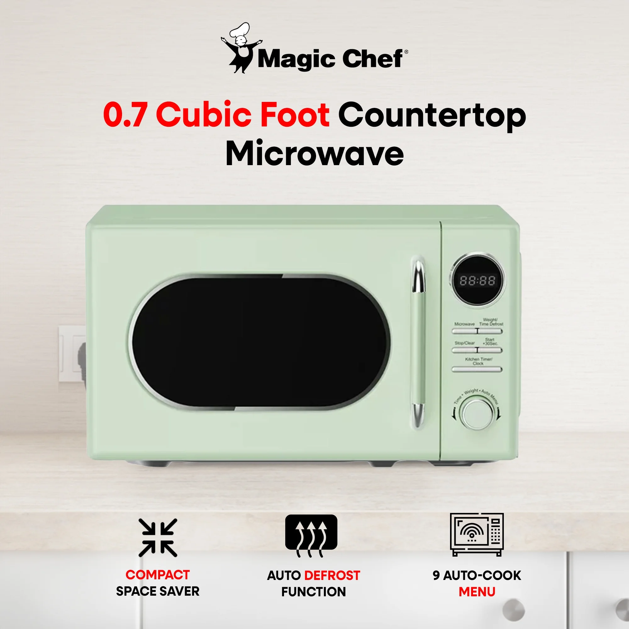 Magic Chef 0.7 Cubic Feet 700W Classic Retro Countertop Microwave, Green