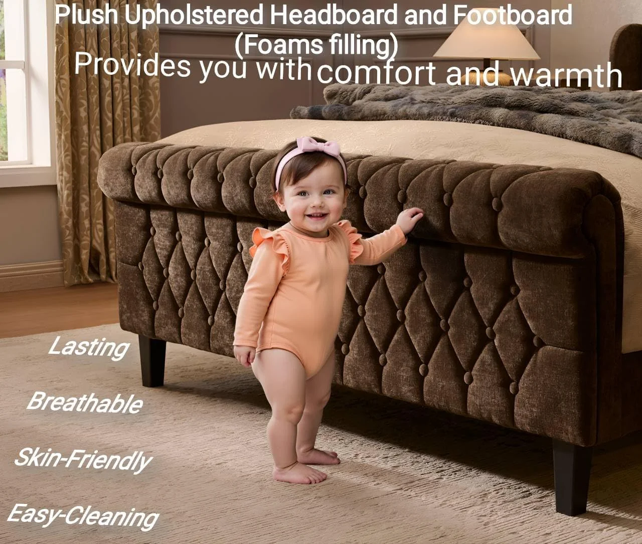 Sailvan Queen Bed Frame,Chenille Upholstered Platform Sleigh Bed Frame with Rolling Footboard, Button Tufted/Wooden Board Support/No Box Spring Required, 1000lbs Capacity