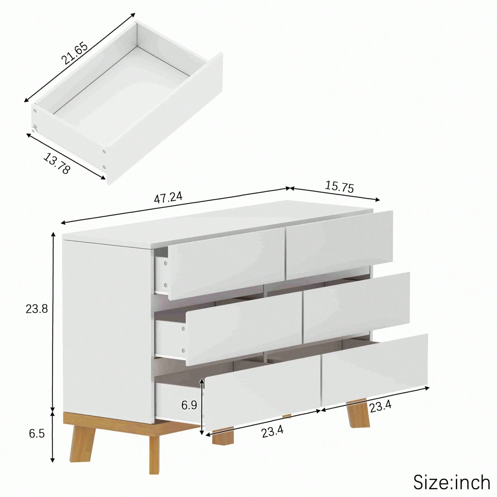 6-Drawer Dresser,White Double Dresser,Wood Storage Cabinet for Living Room,Chest of Drawers for Bedroom