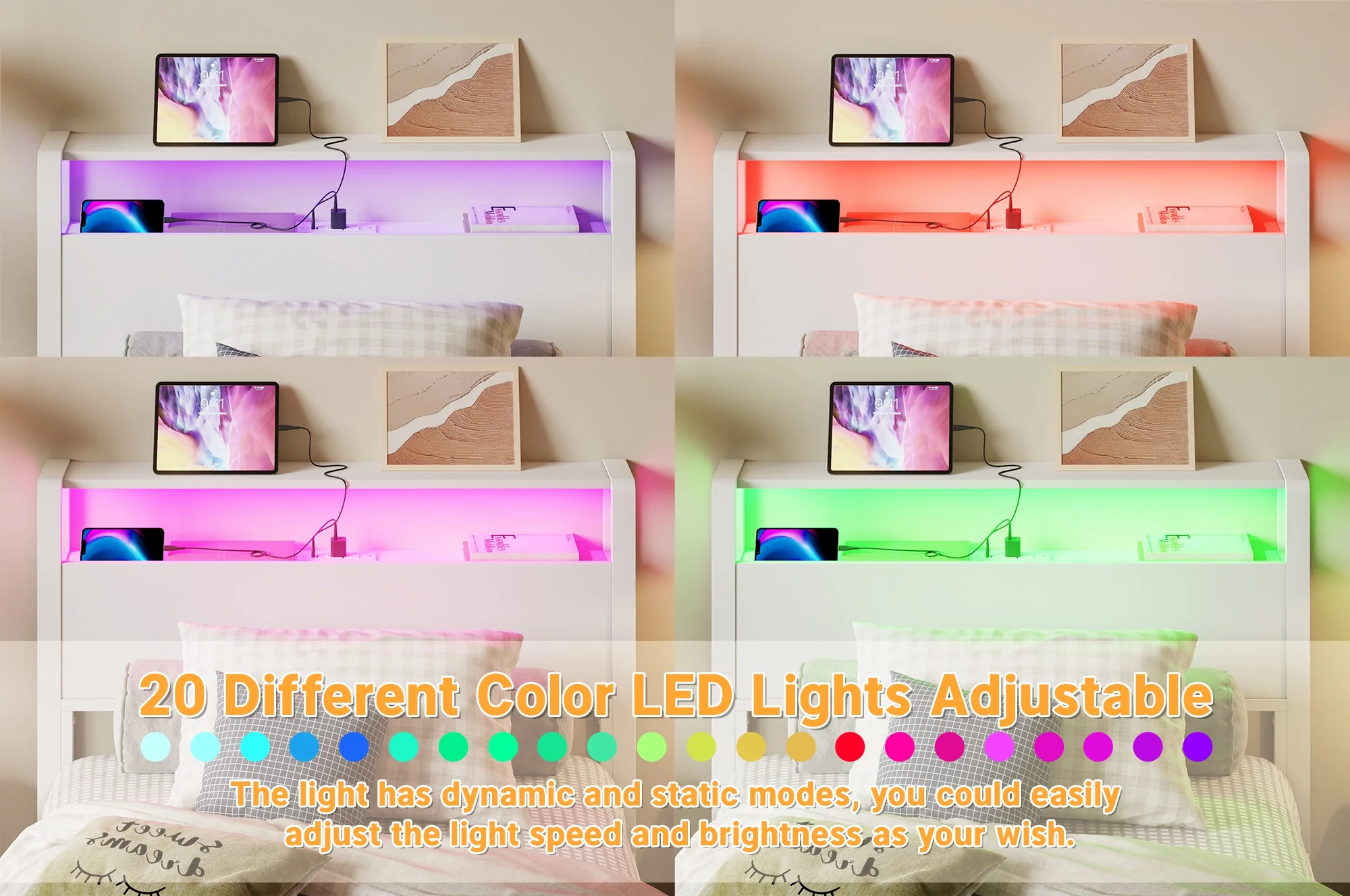 Yoneston Power Outlet LED Light Twin Metal Platform Bed Frame with 2-Tier Storage USB Port Charging Station Headboard for Kids Boys Girls Adults, Pink