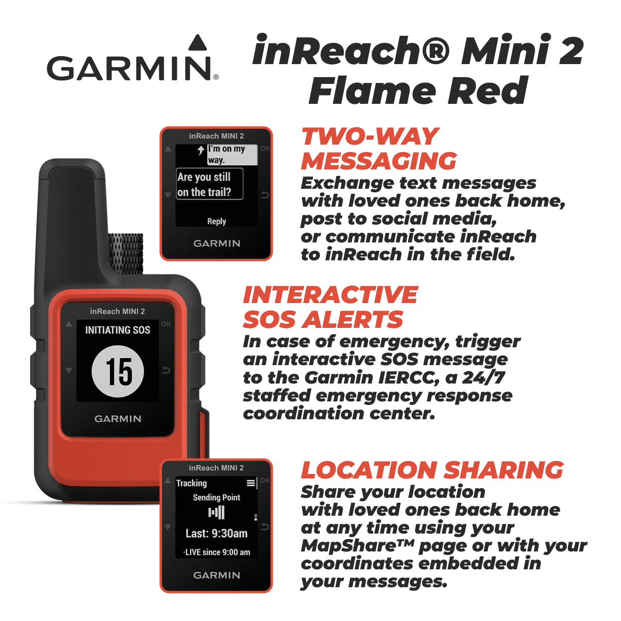Garmin inReach Mini 2 Satellite Communicator (Flame Red), Hand-Held, Unisex Adult with Wearable4U Power Pack Bundle
