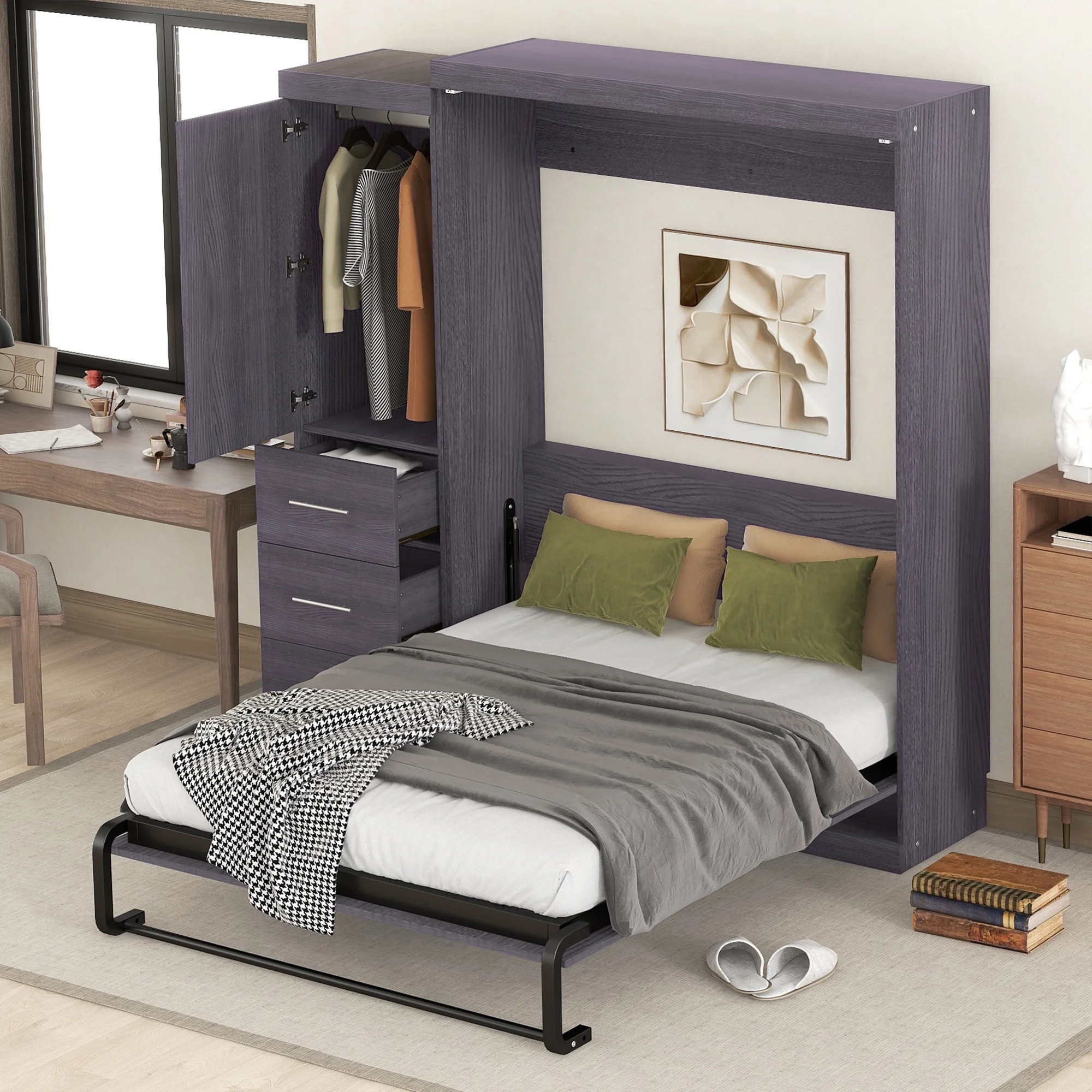 Euroco Wood Full Size Murphy Wall Bed with Wardrobe and Drawers for Living Room, Moveable Wardrobe and Drawers, Space-Saving & Easy Open and Close for Kids Teens Adults, Gray