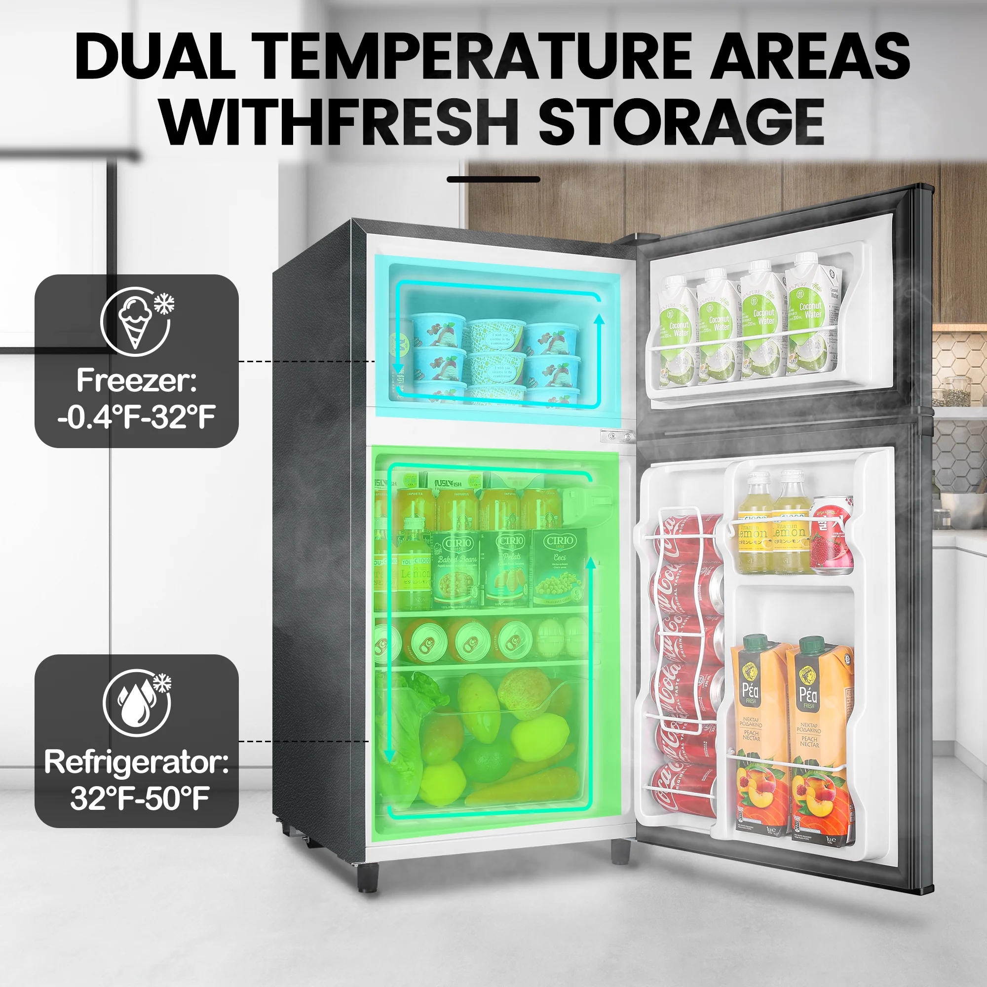 WANAI Two Door Mini Fridge with Freezer, 3.5 Cu ft Small Freezer ,Dark Grey