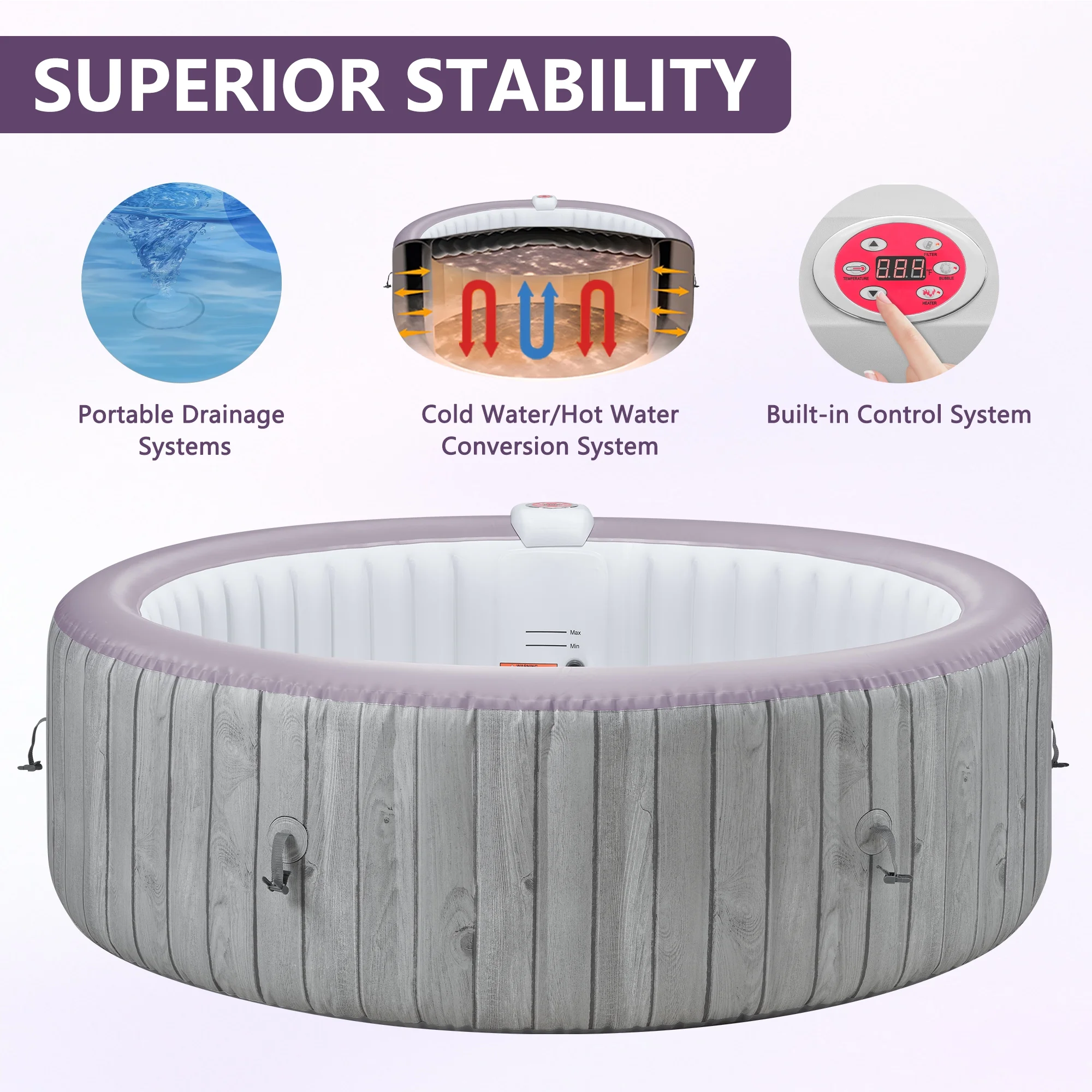 Portable Inflatable Hot Tub with Built-in Heating System - 264 Gallon Capacity, Massage Jet Home Hot Tub with Dust Cover for Teens and Adults, Wood Grain