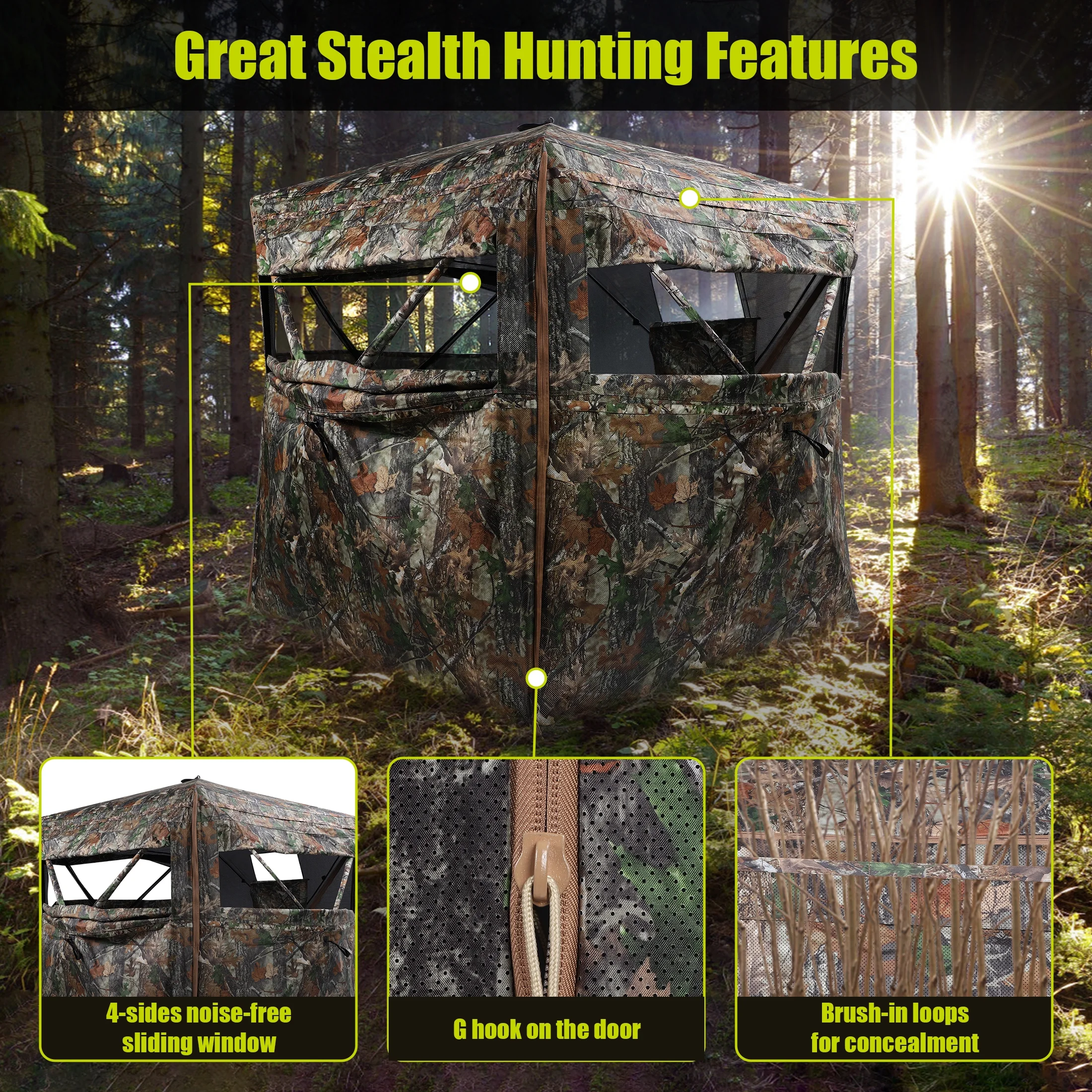 Skyhot 360° See Through Ground Hunting Blind for 2-3 Persons,300D Pop Up Resilient Portable Tent with Swing Door and Carrying Bag for Deer Turkey