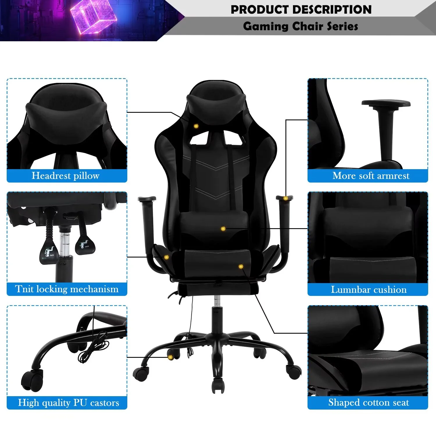 YRLLENSDAN,Gaming Chairs for Adults,Ergonomic Gaming Chair,Desk Chair with Foot Rest,Adjustable,Waist Massage Function,Pu Leather,Black