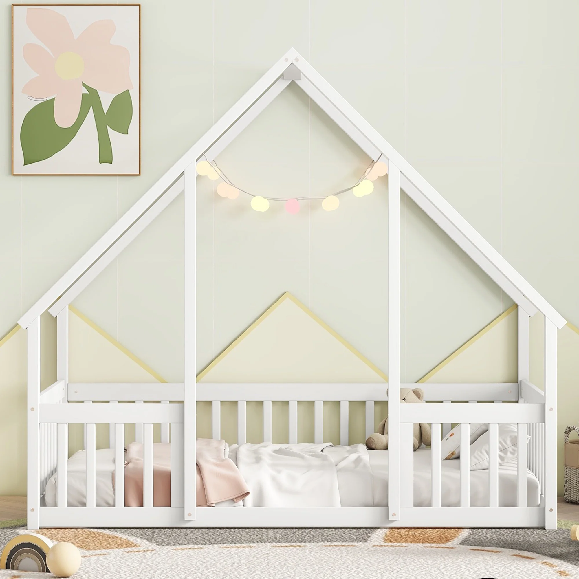 Bellemave Twin Size Floor Bed Frame, Wooden House Bed Twin Size with Fence, Montessori Bed with Guardrails for Bedroom (White)