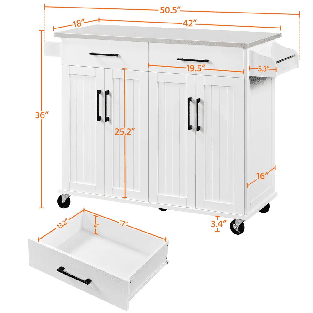 SMILE MART Large Kitchen Island on Wheels with Storage Drawers & Cabinets, White
