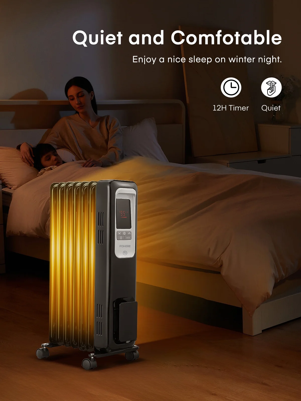 FOHERE Oil Filled Radiator Heater for Indoor Use Large Room, Safe with Thermostat, 1500W Quiet Energy Efficient Space Heater with Remote, 4 Modes, 24H Timer, Overheat Protection, Black