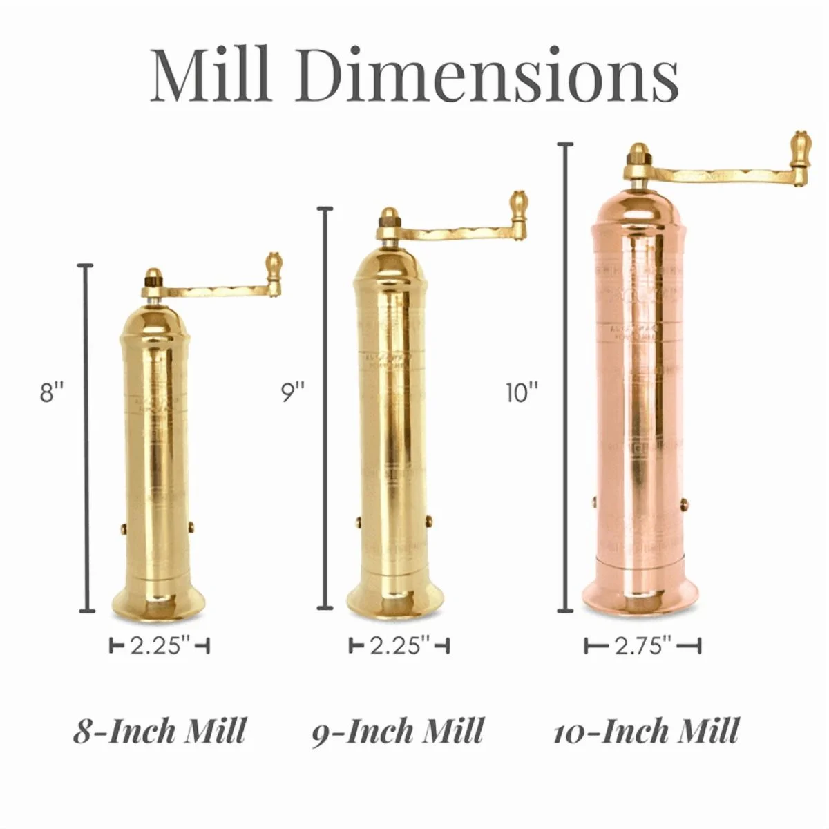 Alexander Home Greek Pepper Mill, 8 Inch Tall, Manual Grinder, Brass
