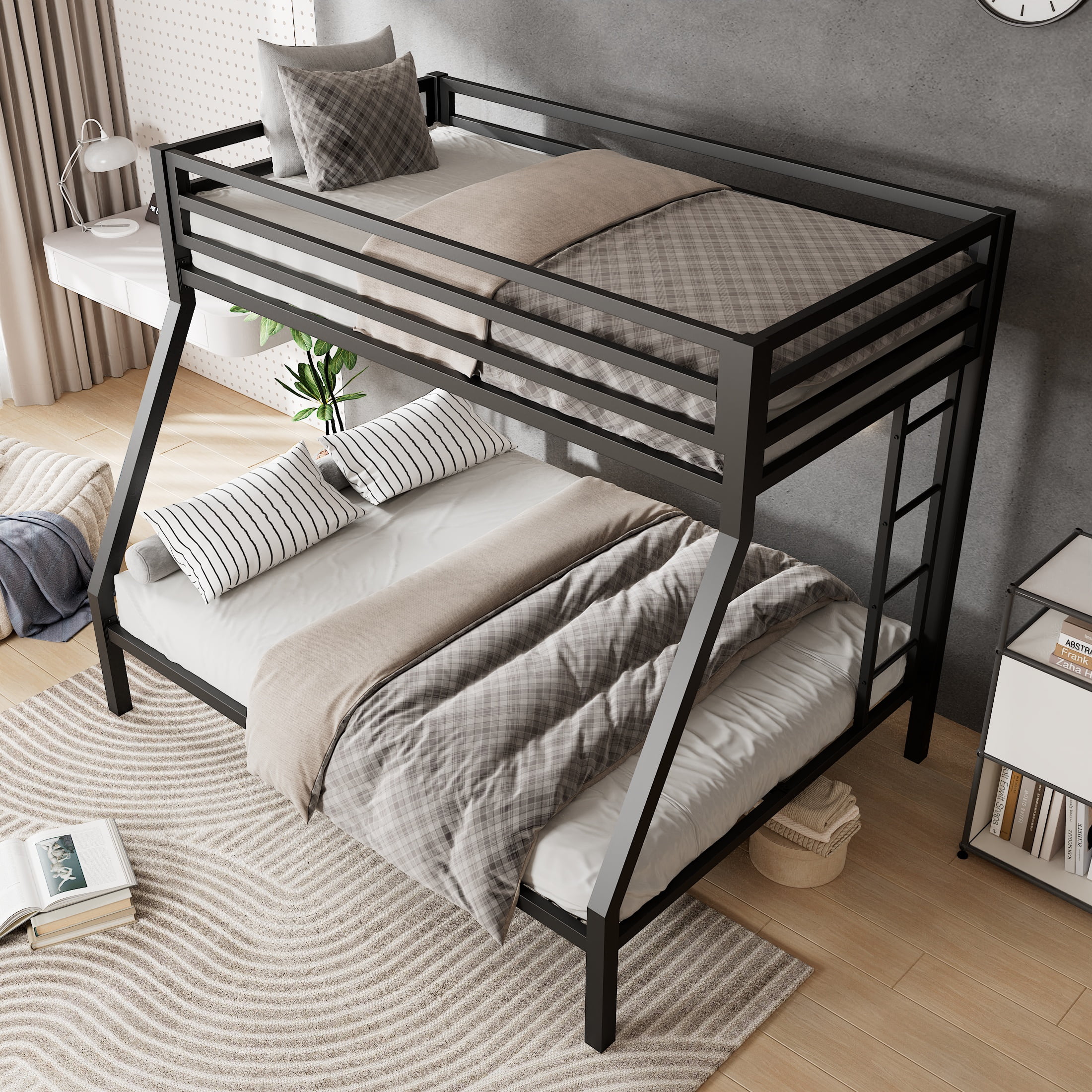 Amolife Twin over Full Size Metal Bunk Bed with Removable Ladder, Full-Length Guardrail, Black