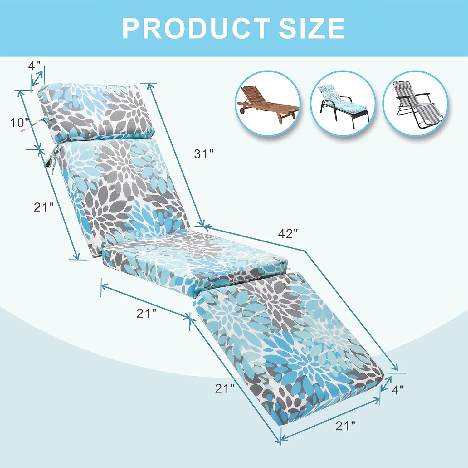 **outdoor chaise lounge cushion 73 inch, tri-folding patio chaise lounge chair cushions waterproof foldable thick lounge cushions outdoor furniture easy receive poolside garden