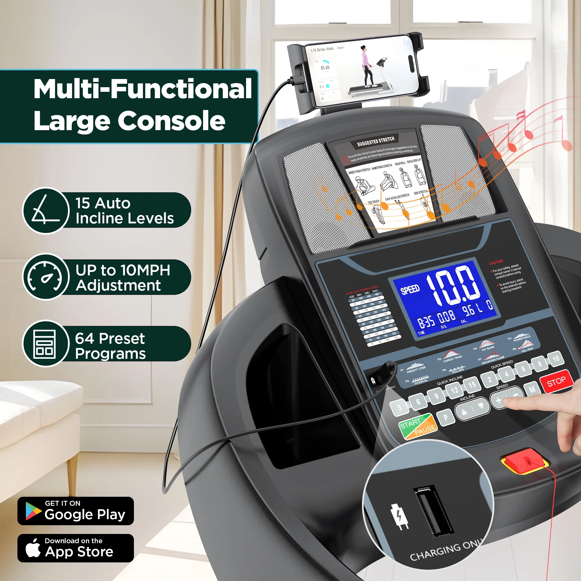 Treadmills for Home, 4.75HP Quiet Brushless Folding Treadmill with Auto Incline, Dual Cushion System,Treadmill 300lb Capacity w/Holder for Cup & Phone, 64+3+3+1 Programs, Knee Gift