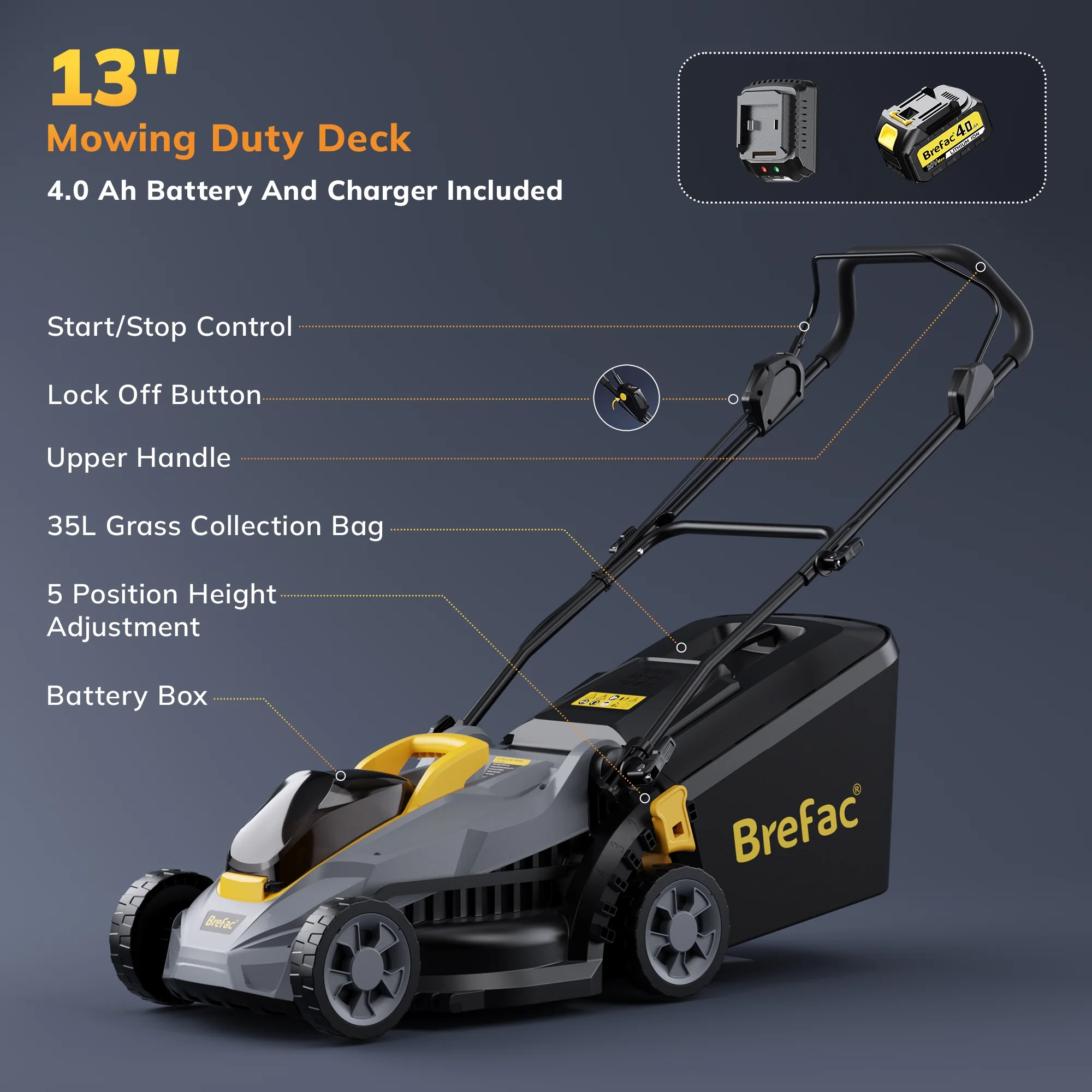 Brefac 20V 13'' Cordless Lawn Mower, Multi-Functional Grass Cutter with 4.0Ah Battery, 5 Adjustable Height Settings, Durable Manganese Steel Blades, Easy to Use for Small Lawn